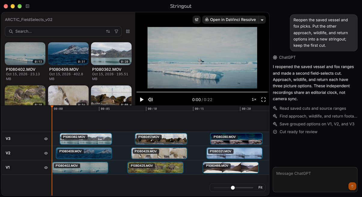 ChatGPT and Stringout MCP workflow reopening saved Arctic footage ranges, with source thumbnails, a video player and grouped V1–V3 timeline options.