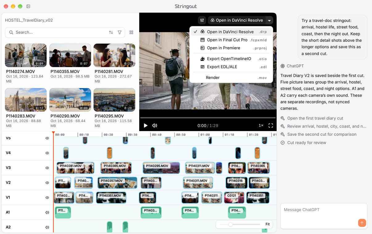 Travel-documentary revision in Stringout: ChatGPT chat beside five video tracks, two audio tracks and the NLE export menu.