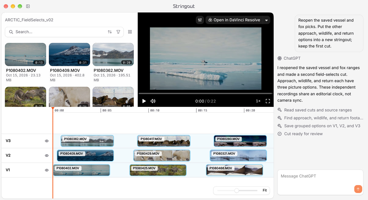 ChatGPT and Stringout MCP workflow reopening saved Arctic footage ranges, with source thumbnails, a video player and grouped V1–V3 timeline options.