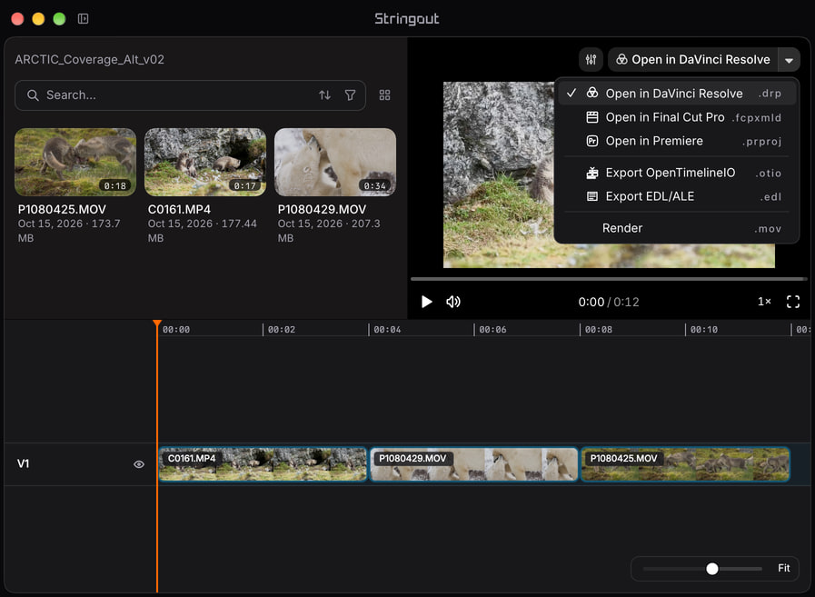 An Arctic coverage cut in Stringout with named source ranges on the timeline and the NLE export chooser open.