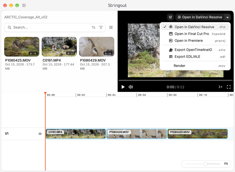 An Arctic coverage cut in Stringout with named source ranges on the timeline and the NLE export chooser open.