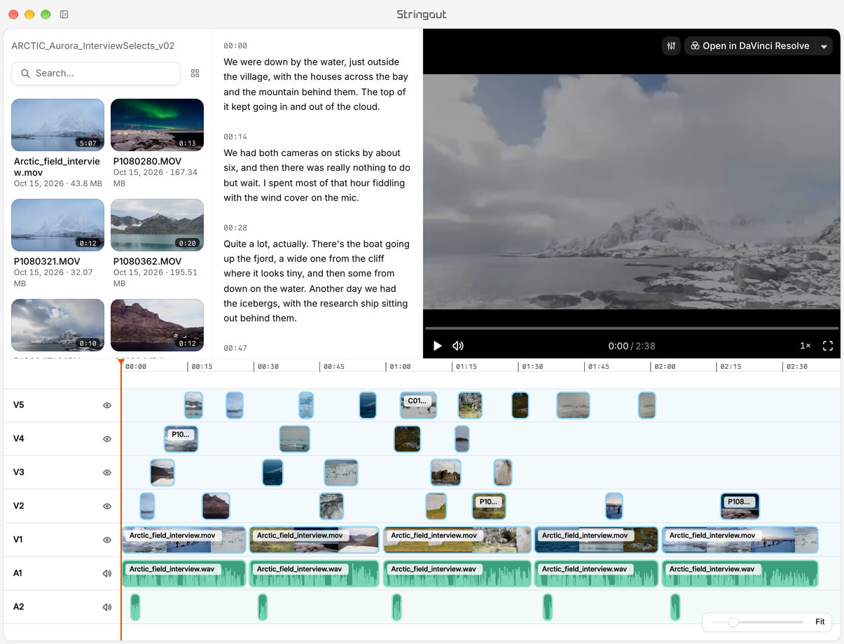 A northern-lights interview selects cut in Stringout, with the field interview, aurora and Arctic coverage, and staggered source-linked picture and audio ranges.
