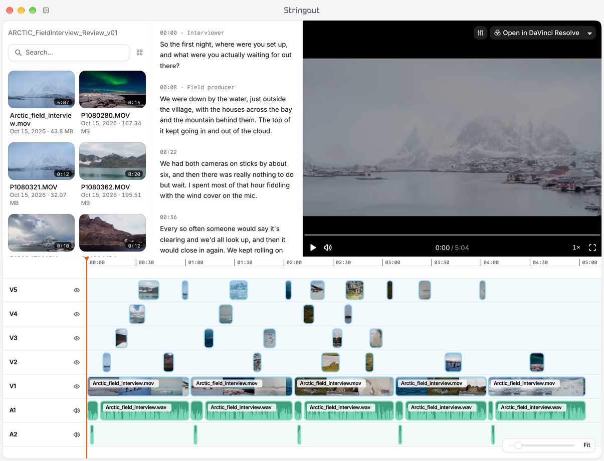 An Arctic field-interview review in Stringout, with the full Arctic media pool, long speaker-labelled dialogue and a dense weather, wildlife and northern-lights stringout.