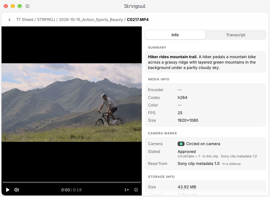 Stringout’s source viewer shows the mountain-bike recording beside Circled on camera metadata in the Info pane.