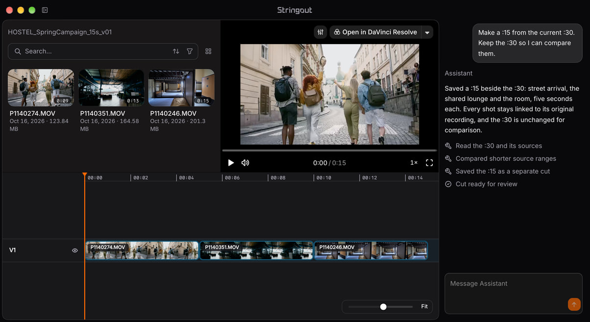 A 15-second hostel campaign cut in Stringout with three source-linked shots, a timeline and an assistant conversation that keeps the 30-second version.
