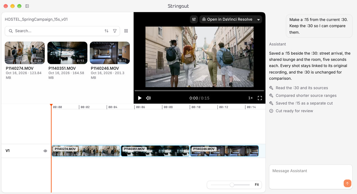 A 15-second hostel campaign cut in Stringout with three source-linked shots, a timeline and an assistant conversation that keeps the 30-second version.