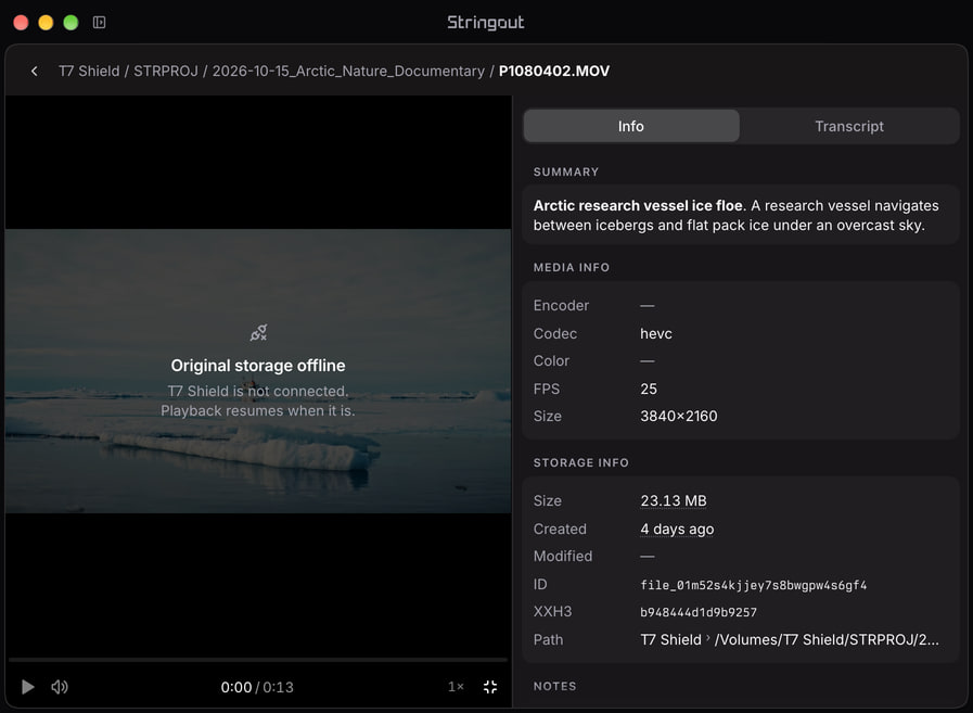 Stringout file page for an Arctic research-vessel source on T7 Shield, with its file path and the Original storage offline playback state.