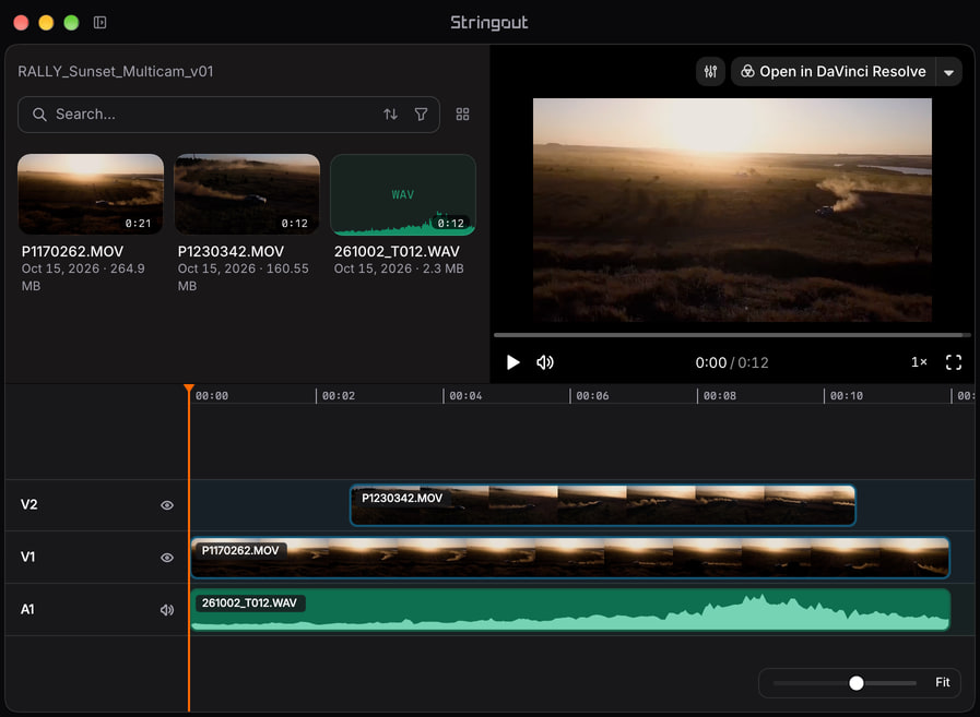 Stringout project timeline with two angles of one sunset rally stage on staggered video tracks and a sound-roll placement on an audio track.