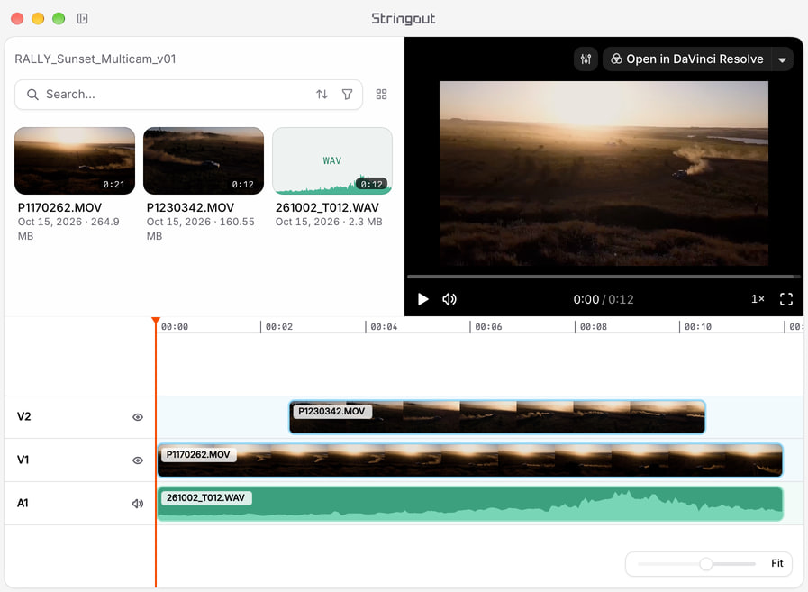Stringout project timeline with two angles of one sunset rally stage on staggered video tracks and a sound-roll placement on an audio track.