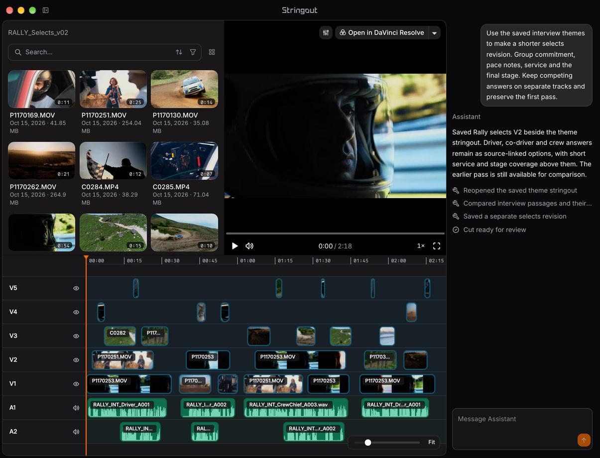 Rally documentary selects revision with five staggered video tracks, two audio tracks and a conversation requesting grouped source alternatives while preserving the earlier cut.