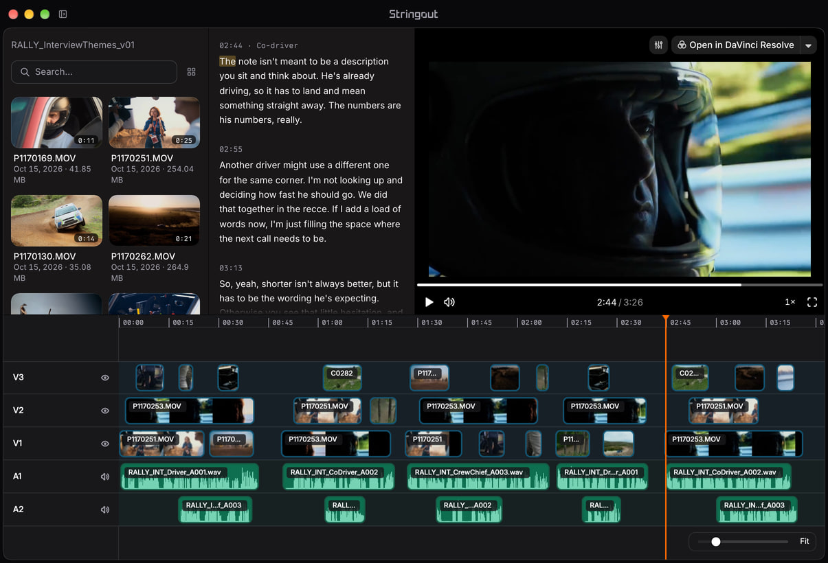 Rally documentary theme stringout in Stringout, with overlapping source options on three video tracks, two audio tracks and a speaker-labelled transcript.