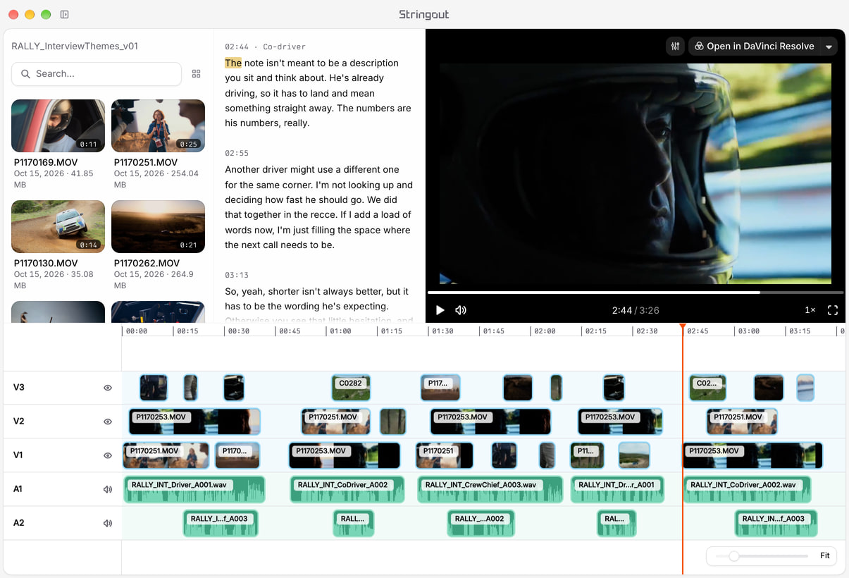 Rally documentary theme stringout in Stringout, with overlapping source options on three video tracks, two audio tracks and a speaker-labelled transcript.