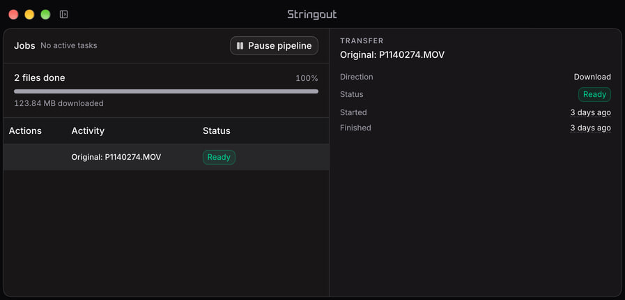 Stringout Jobs showing a completed original download for a hostel campaign recording, with the transfer selected in the details panel.
