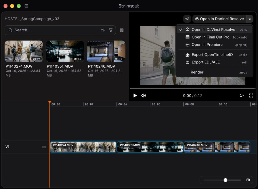A Stringout hostel campaign cut with travel footage, source-linked timeline ranges, the Player and the NLE export chooser.