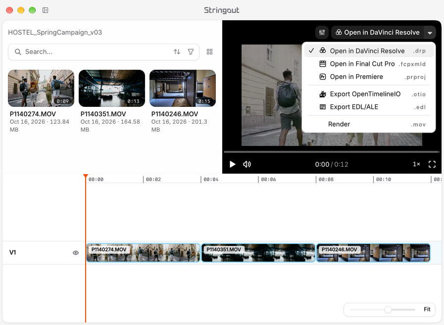 A Stringout hostel campaign cut with travel footage, source-linked timeline ranges, the Player and the NLE export chooser.