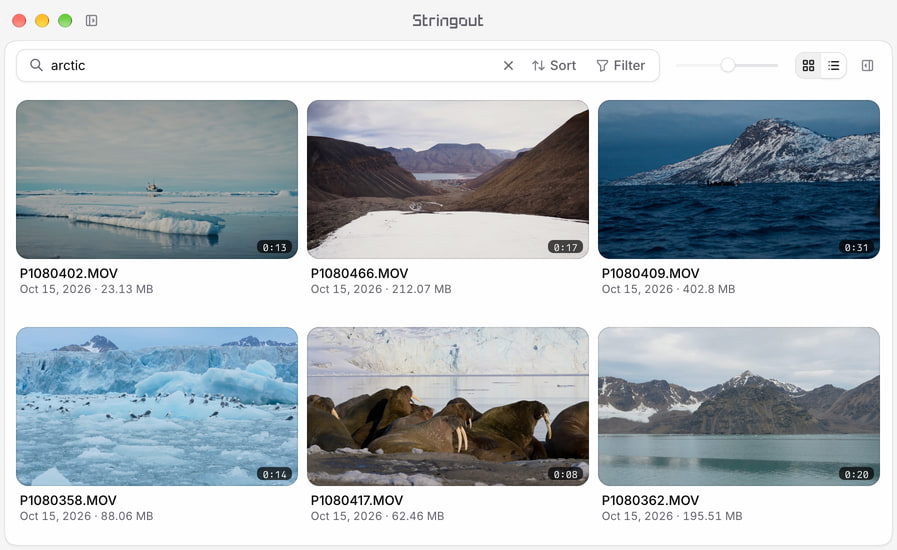 Stringout search for arctic across the library, showing icebergs, fjords, birds and walruses with both sidebars closed.