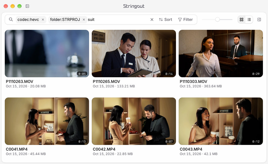 Stringout search for suit in STRPROJ HEVC footage, showing six hotel and café clips with both sidebars closed.
