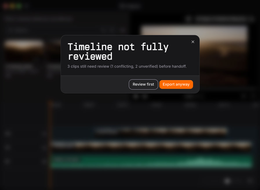 Stringout’s sync review warning over a picture-and-sound timeline identifies three clips needing review, with one conflicting and two unverified.