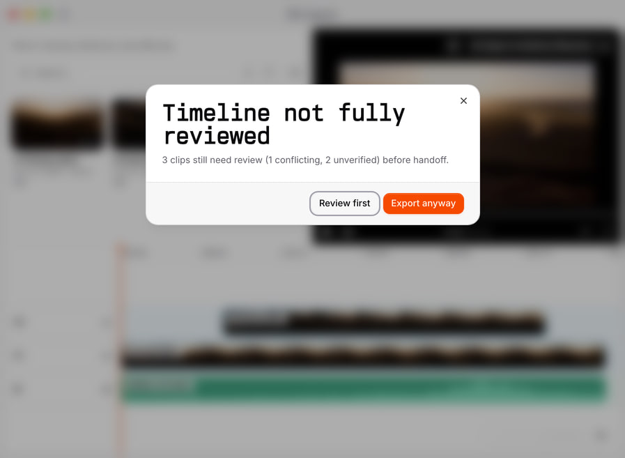 Stringout’s sync review warning over a picture-and-sound timeline identifies three clips needing review, with one conflicting and two unverified.