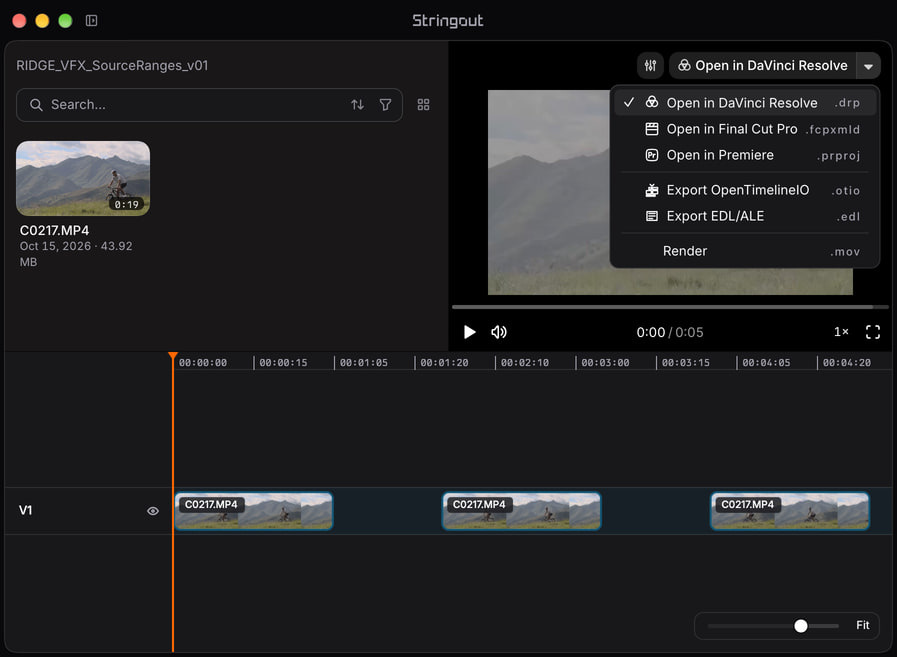 Three ranges from the same mountain-bike camera recording remain linked to their source on a Stringout timeline, with the NLE export chooser open.