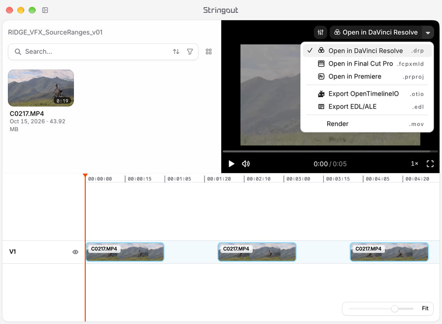 Three ranges from the same mountain-bike camera recording remain linked to their source on a Stringout timeline, with the NLE export chooser open.
