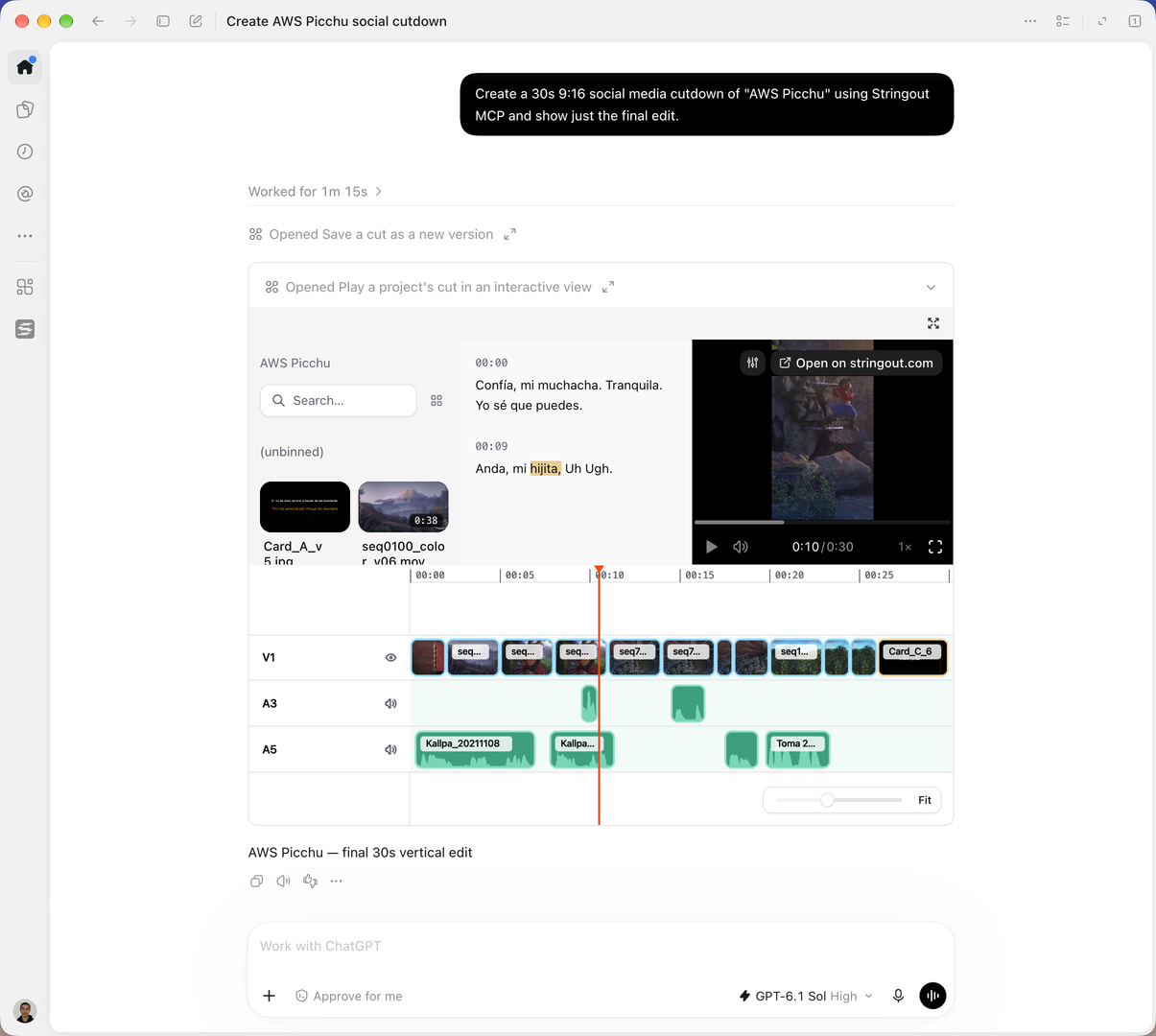 Codex shows a 30-second vertical AWS Picchu edit created with Stringout MCP, alongside source thumbnails, a Spanish transcript, the preview at 0:10 and V1, A3 and A5 timeline tracks.